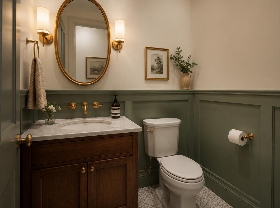 Elegant powder room with sage wainscoting and brass fixtures