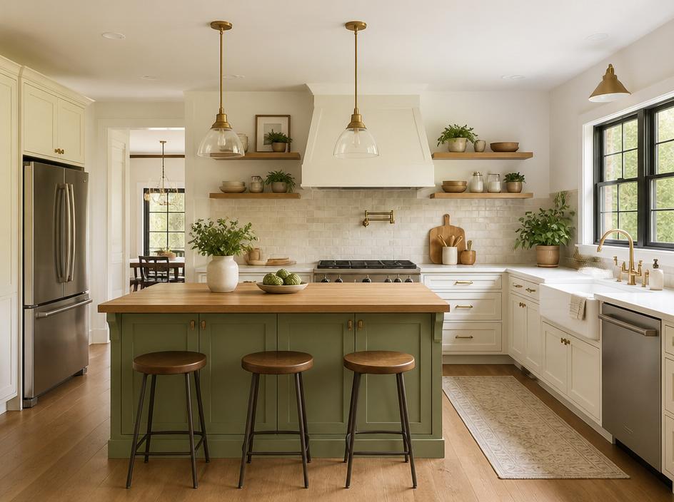 Modern farmhouse kitchen with green island and wood accents